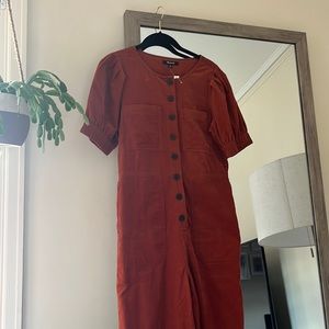 Madewell Corduroy Puff-Sleeve Button-Front Jumpsuit